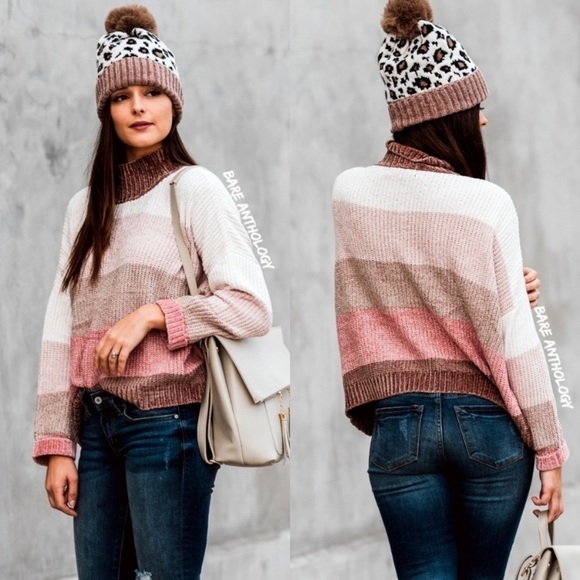 Mock Neck Color Block Soft Chenille Sweater - Picture 2 of 2